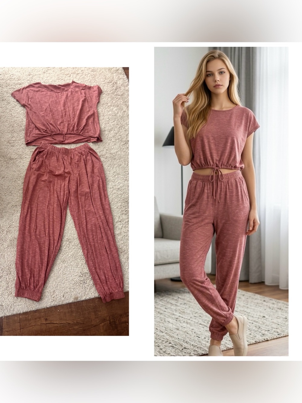 Garnet Hill Women’s Sz XS Dusty Rose Tie-Front/joggers Casual 2Pc Lounge Set